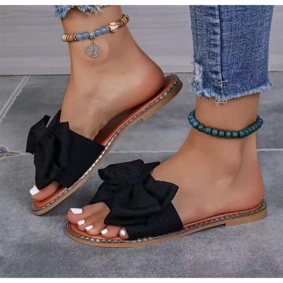Women's Black Brown Bow Knot Open Toe Slip On Slides Flat Slippers Sandals - Picture 5 of 5